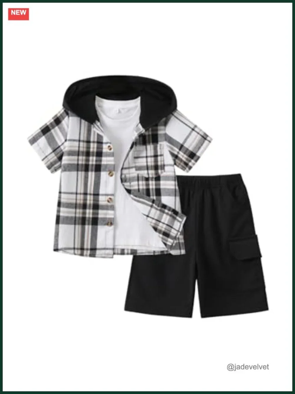 Boys Plaid Hooded Button Shirt & Jogger Shorts Set 2-Piece Summer Outfit